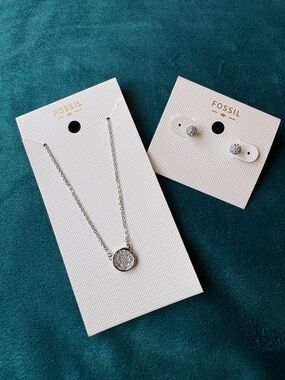 Set - Fossil Silver Crystal Round Pendant Necklace with Matching Studs